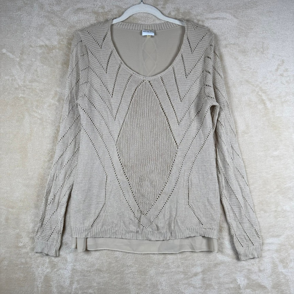 SIONI Women's Beige Boho Knit Sweater Lace Up Back Sheer ‎ M